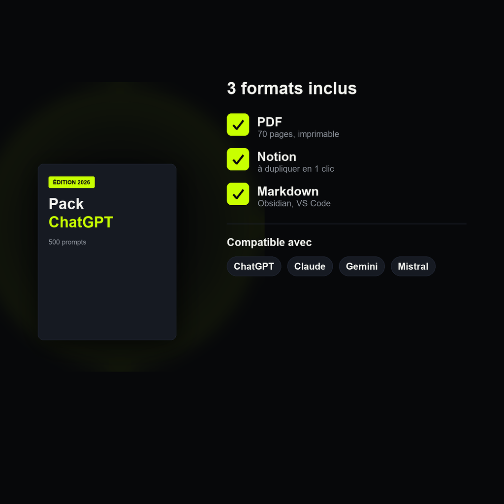 3 formats : PDF, Notion, Markdown — compatible ChatGPT, Claude, Gemini, Mistral